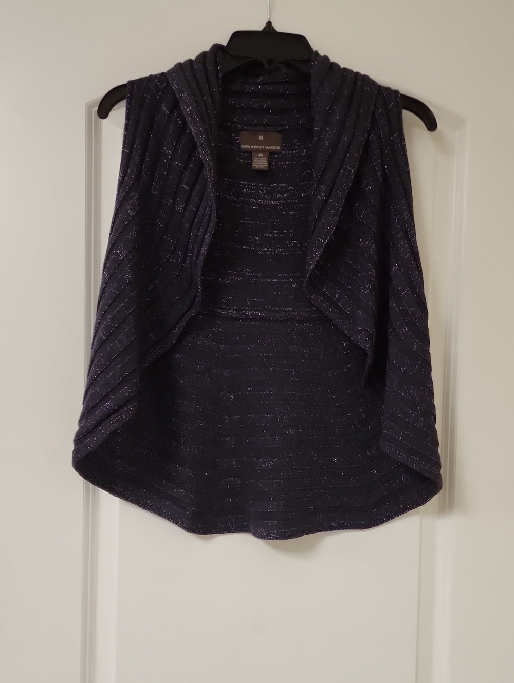 Fenn Wright Manson Navy Ribbed Knit Metallic Drape Open Front Vest XS